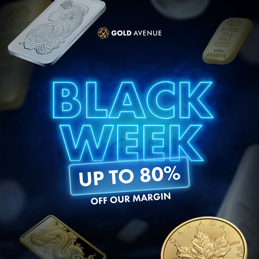 Création graphique représentant le titre BLACK WEEK avec un effet neon bleu entouré des produits Gold Avenue