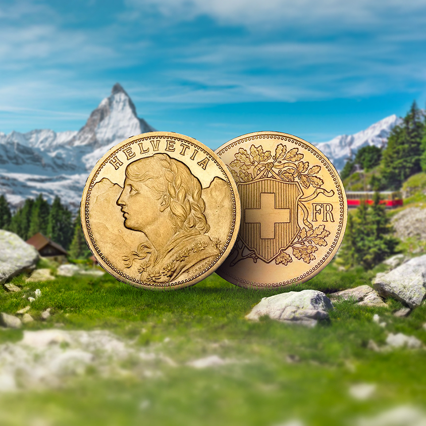 Création graphique représentant un environnement de montagne et des pièces en or dans qui font partie des produits de Gold Avenue