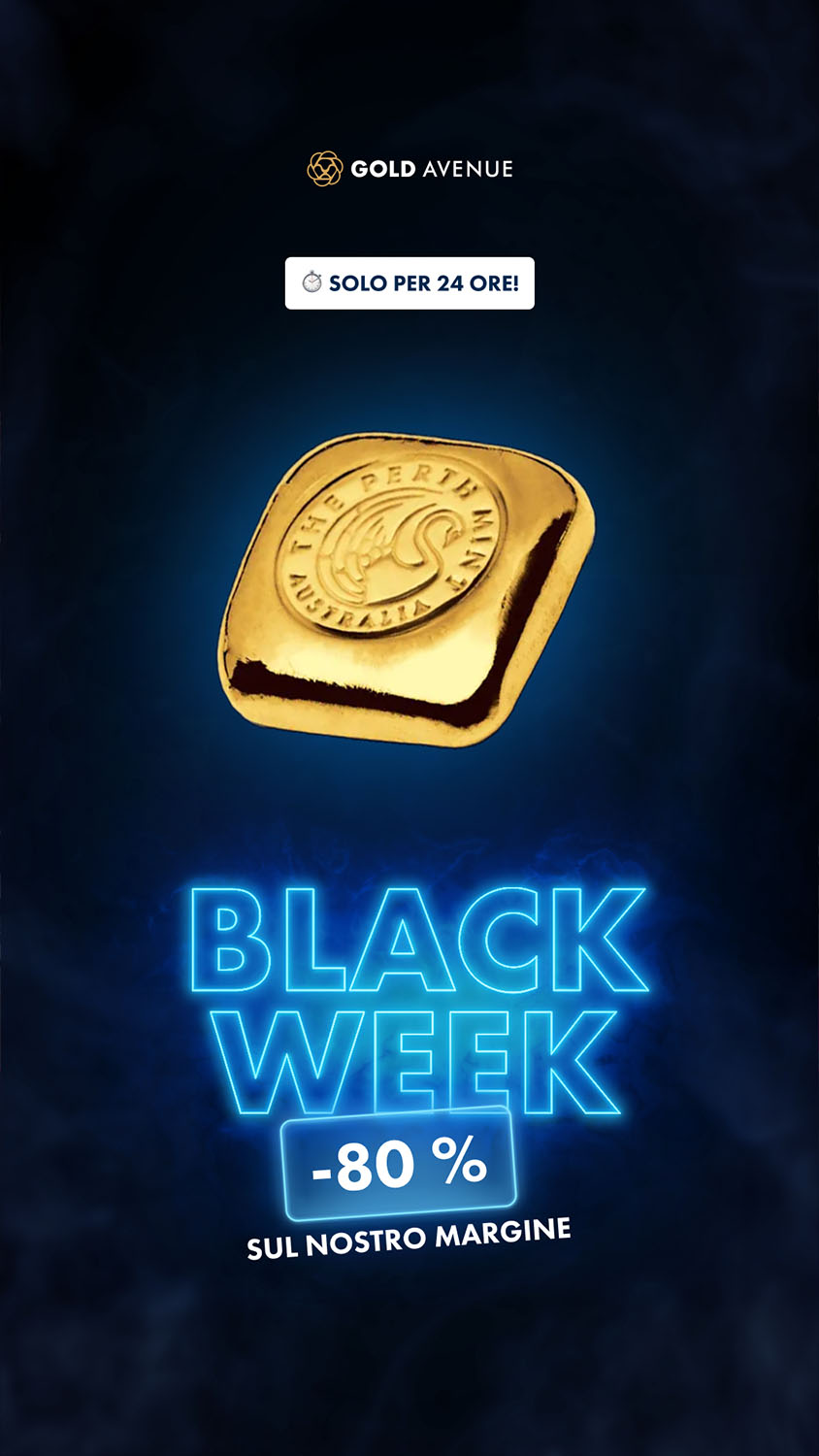 Création graphique représentant une story de la campagne BLACK WEEK qui met en avant un produit Gold Avenue avec un effet neon bleu
