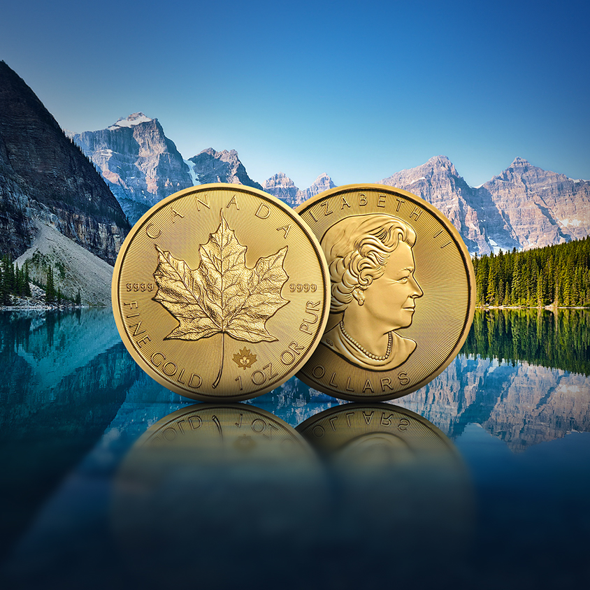 Création graphique représentant un environnement de lac en montagne et des pièces en or dans qui font partie des produits de Gold Avenue