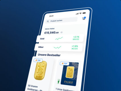 Ecran principal présentant l'application mobile de Gold Avenue, sur un fond bleu